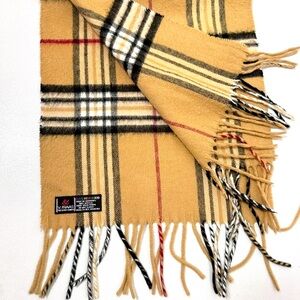 Cashmink V. Fraas Men’s Tan Beige Plaid Fringe Scarf Germany 11”x52”